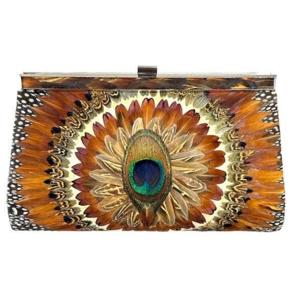 VINTAGE (60s) EXOTIC PEACOCK  FEATHER CLUTCH - GORGEOUS! - Picture 7 of 13